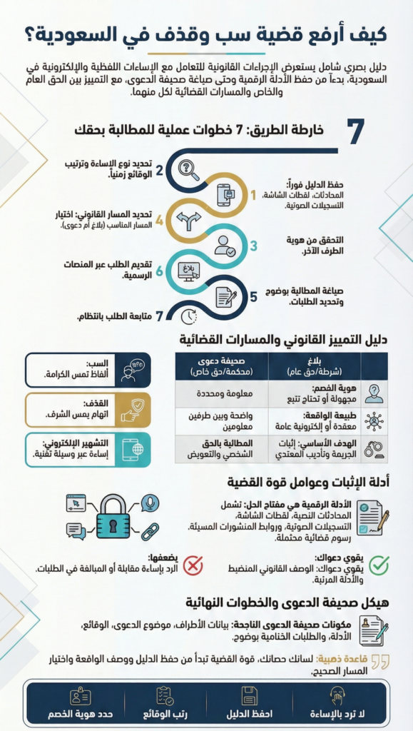 خطوات رفع قضية سب وقذف في السعودية مع حفظ الدليل واختيار البلاغ أو صحيفة الدعوى