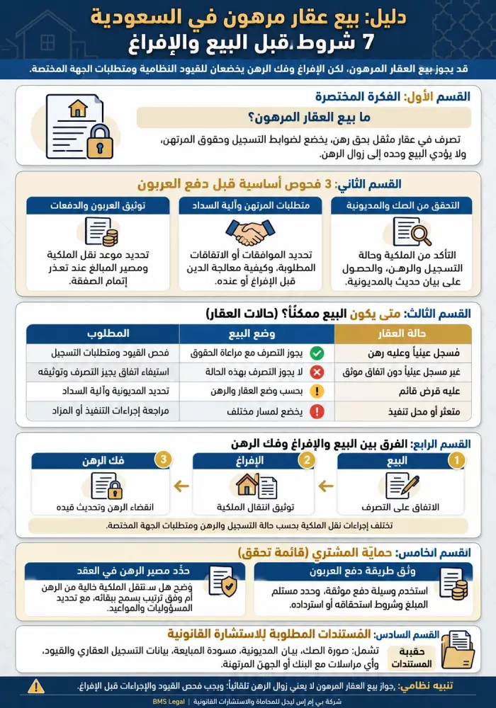 إنفوغرافيك بيع عقار مرهون في السعودية يوضح شروط البيع وفحص الرهن والمديونية والفرق بين الإفراغ وفك الرهن.