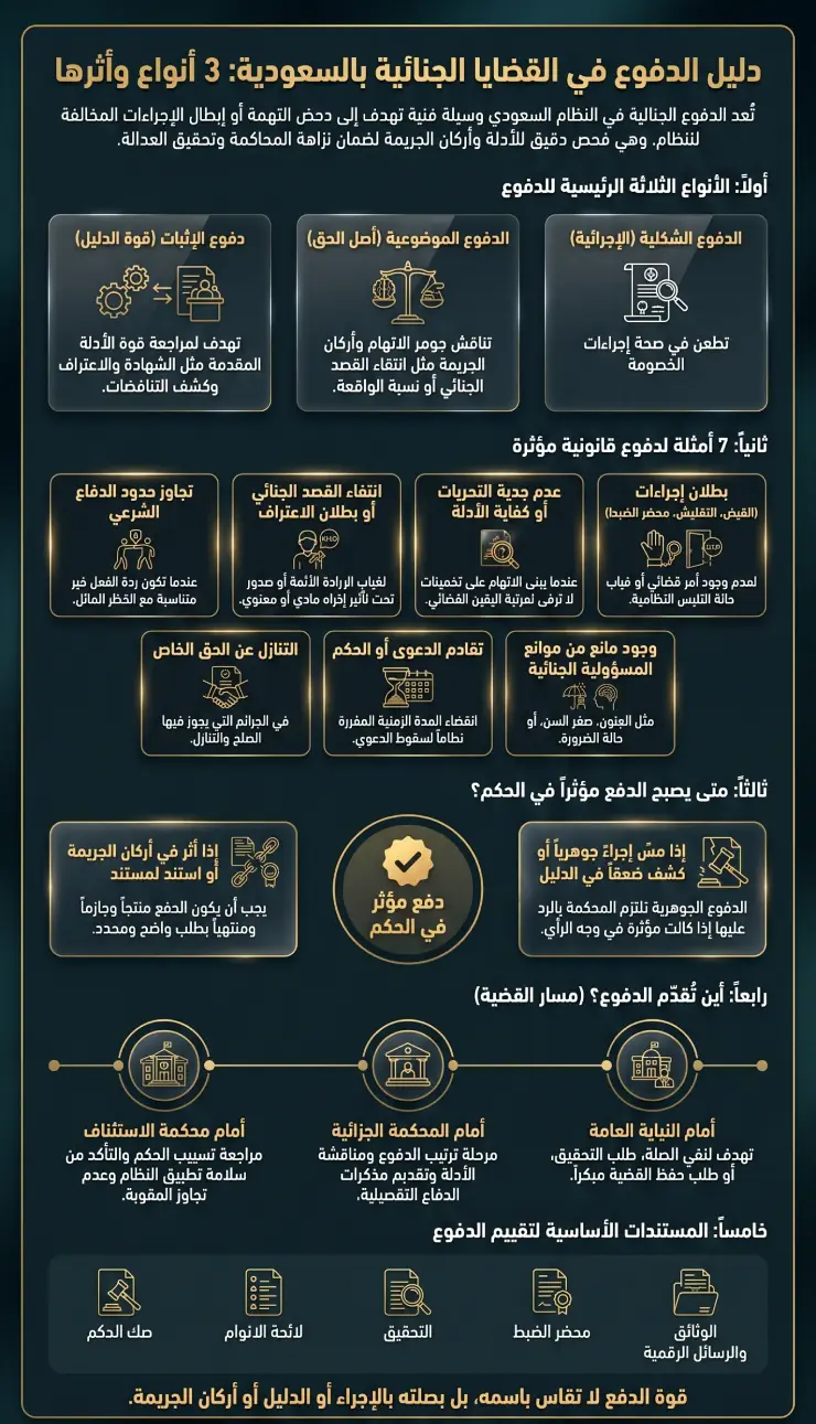 إنفوغرافيك الدفوع في القضايا الجنائية