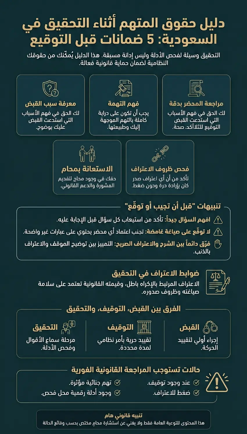 إنفوغرافيك حقوق المتهم أثناء التحقيق