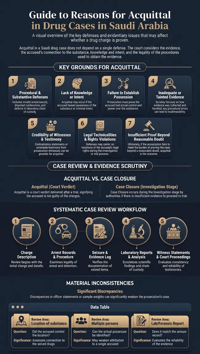Infographic Reasons for Acquittal in Drug Cases in Saudi Arabia