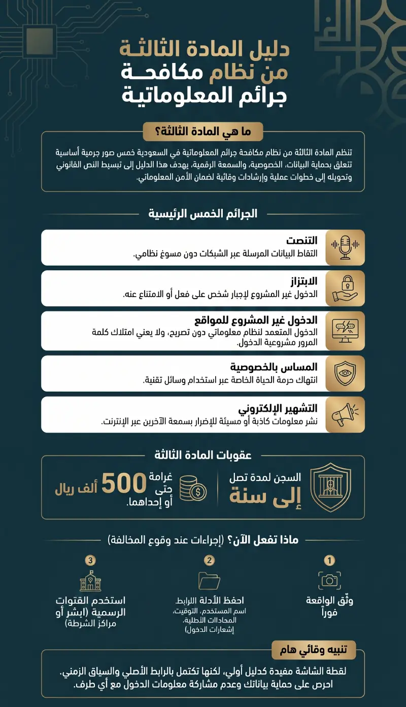 إنفوغرافيك المادة الثالثة من نظام مكافحة جرائم المعلوماتية