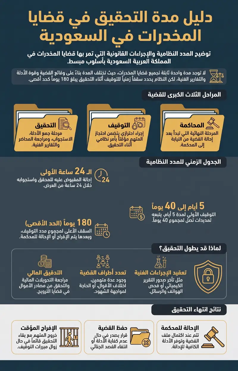 إنفوغرافيك مدة التحقيق في قضايا المخدرات