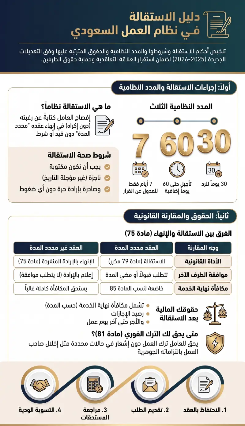 إنفوغرافيك دليل الاستقالة في نظام العمل السعودي